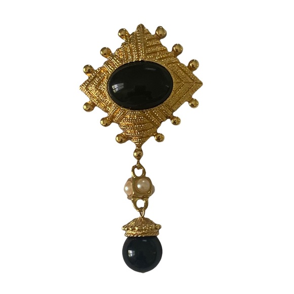 St. John Jewelry - St. John Black Enamel, Pearl, Gold Tone Drop Pendant/Pin